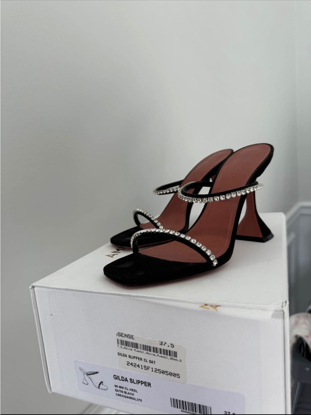Amina muaddi Gilda black satin crystal 37.5